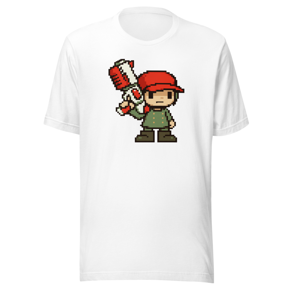 Silent Pixel Hero Oversized Blaster Retro Tee — white front view