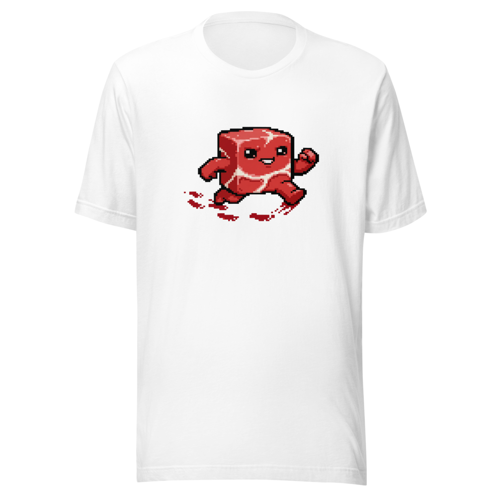 Running Meat Cube 16-Bit Pixel Platformer Tee — white front view