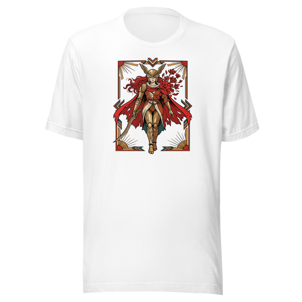 Deco Valkyrie Scarlet Bloom Knight Graphic T-Shirt — white front view