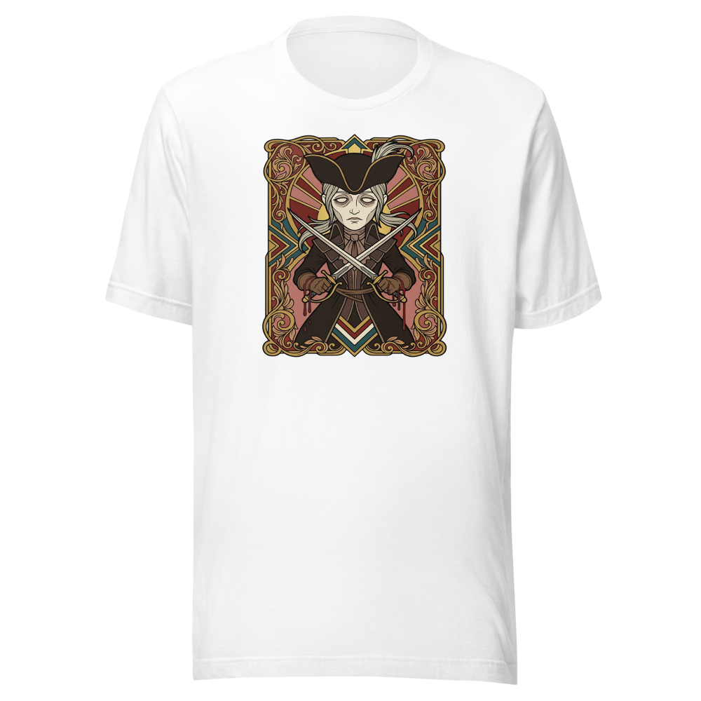 Clocktower Hunter Twin Blades Deco Duel Tee — white front view