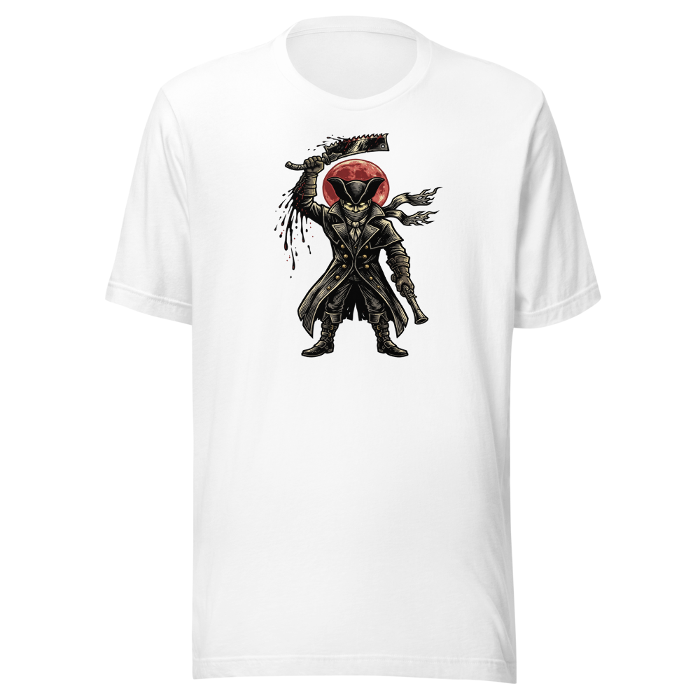 Gothic Hunter Blood Moon Linocut Horror Tee — white front view