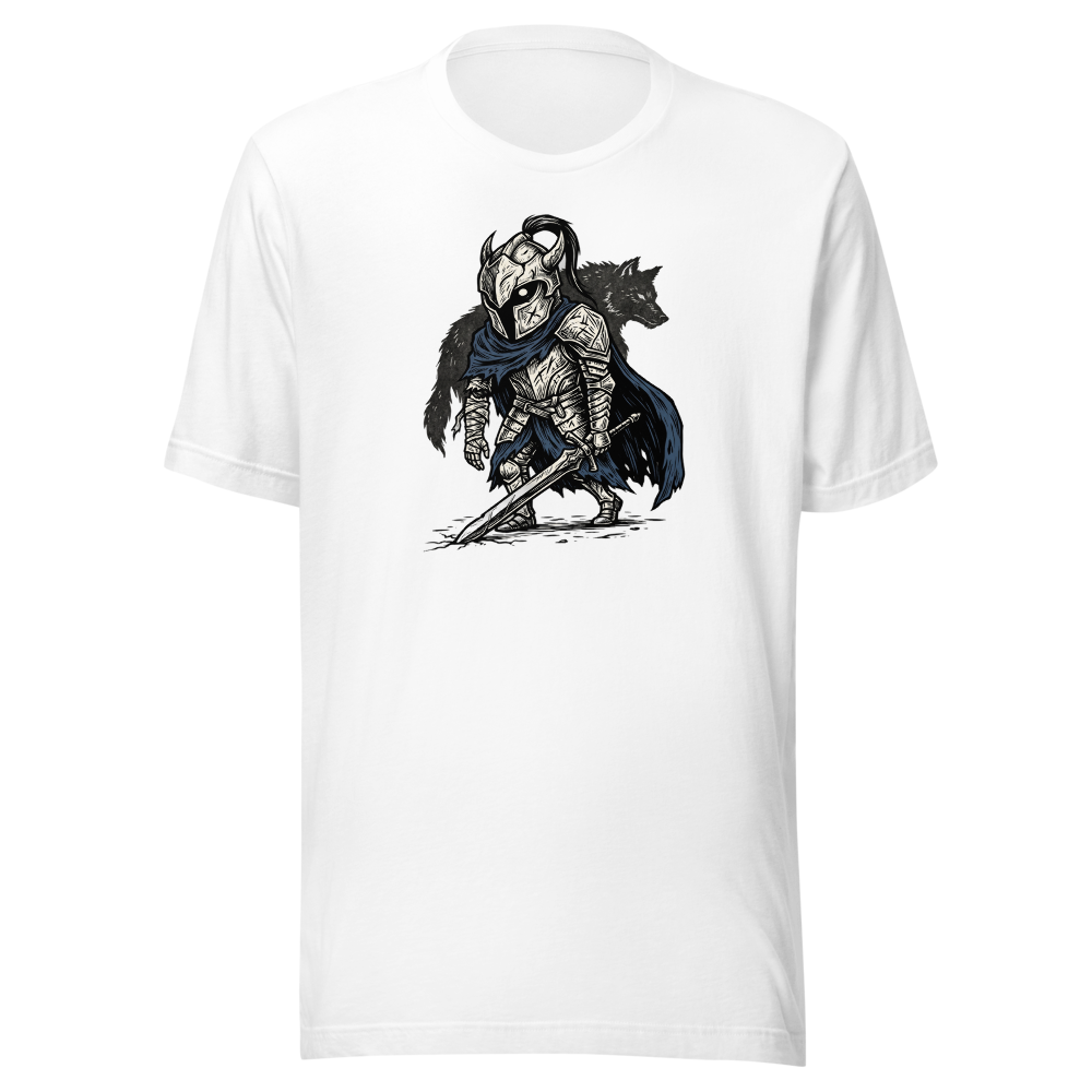 Broken Knight Abysswalker Blackwork Linocut Tee — white front view