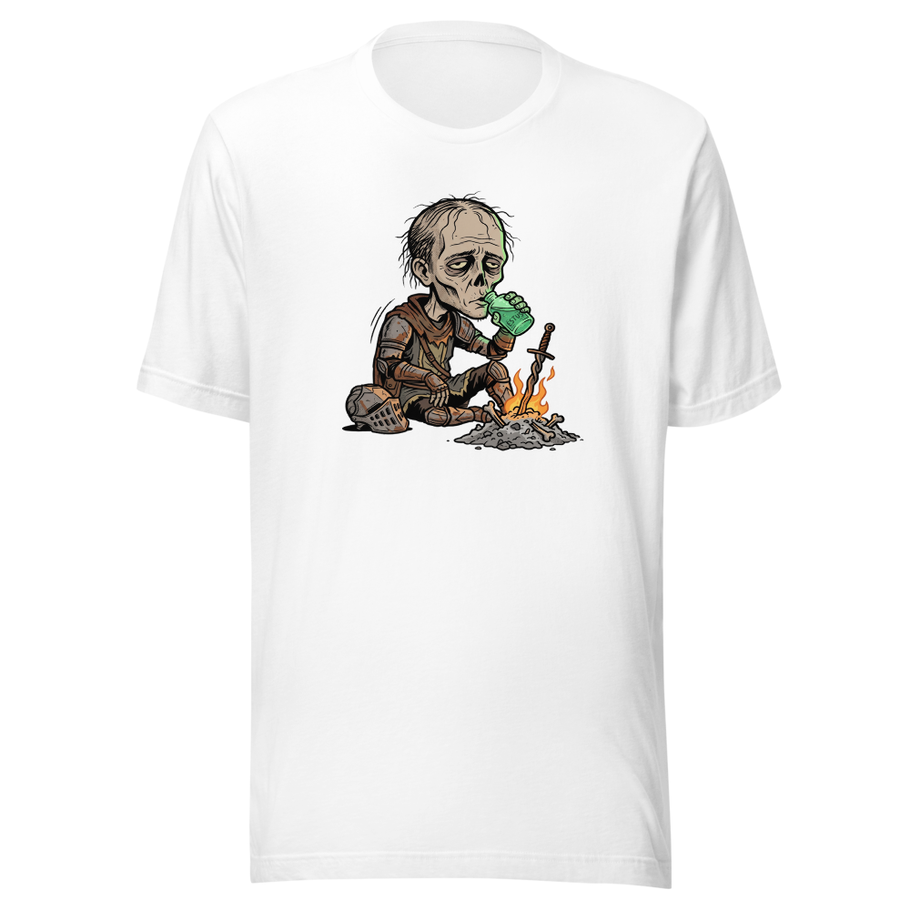 Hollow Knight Bonfire Estus Coffee Soulslike Parody Tee — white front view