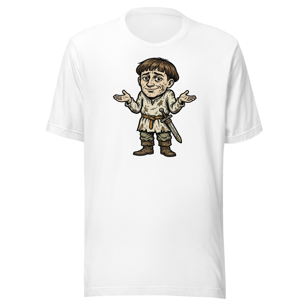 Medieval Peasant Shrug Woodcut Retro RPG Tee — white front view