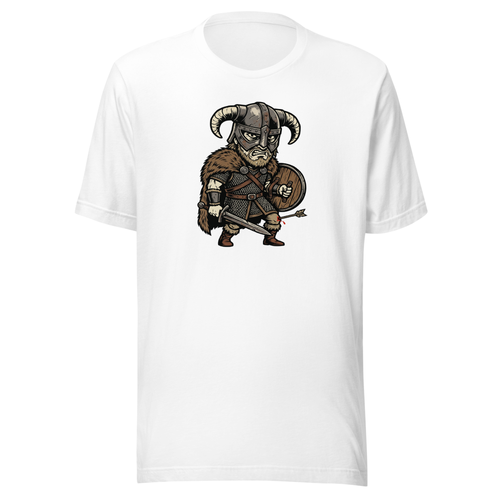 Horned Helmet Hero Arrow To The Knee Woodcut Tee — white front view