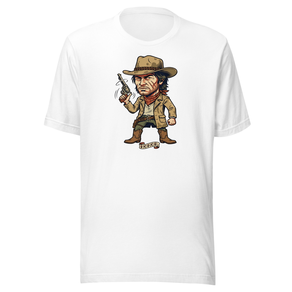 Scarred Outlaw Revolver Spinner Tattoo Flash Tee — white front view