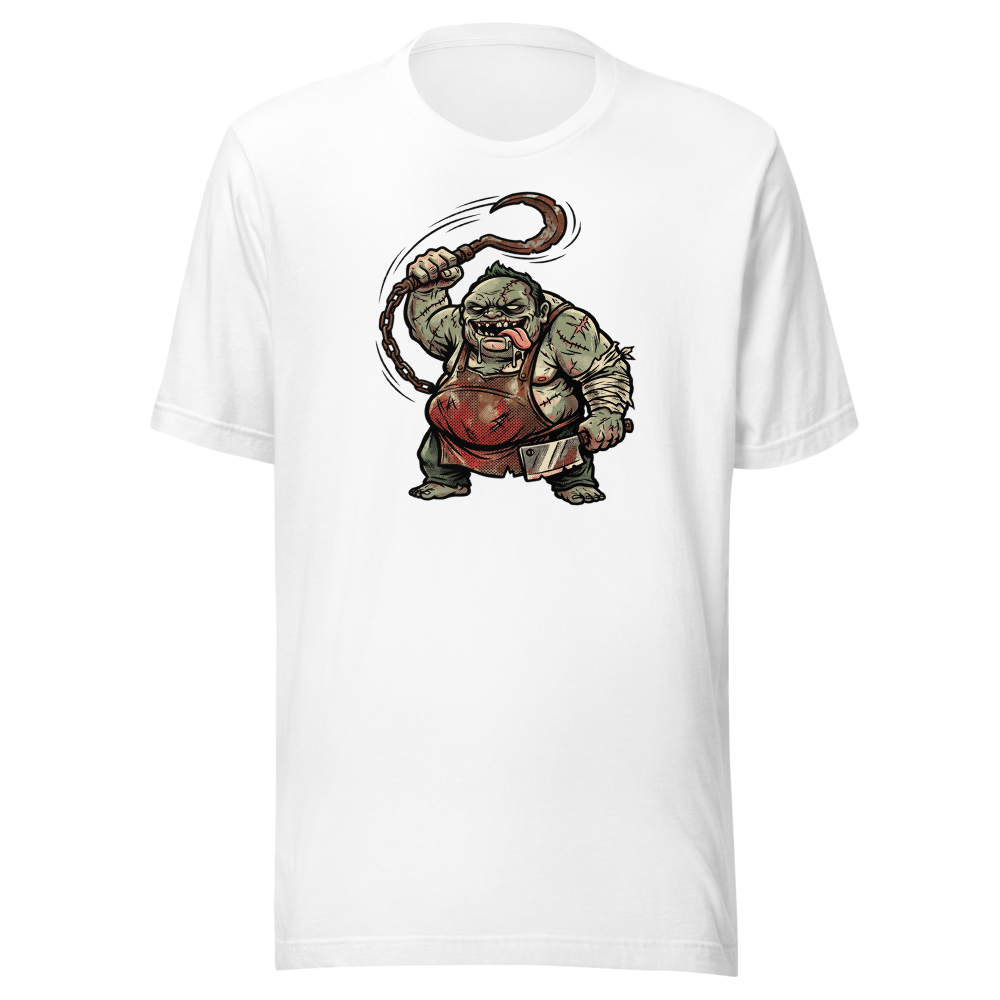 Butcher Hook Pop Art Halftone Gaming Tee — white front view