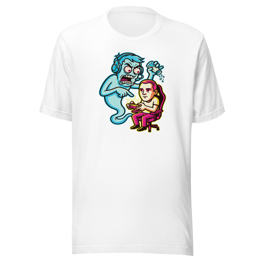 Salty Ghost Backseat Gamer Halftone Pop Art Tee — white front view
