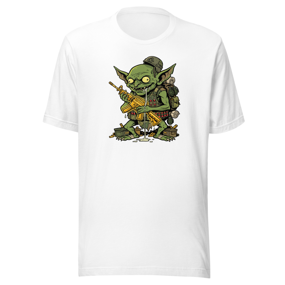 Loot Gremlin Gold Rifle Battle Royale Gamer Tee — white front view