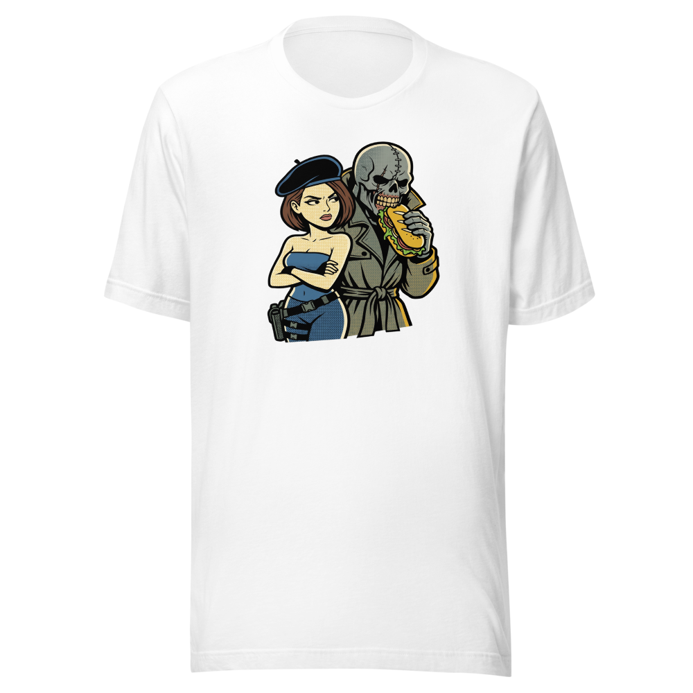 Parisian Beret Survival Horror Sandwich Parody Tee — white front view
