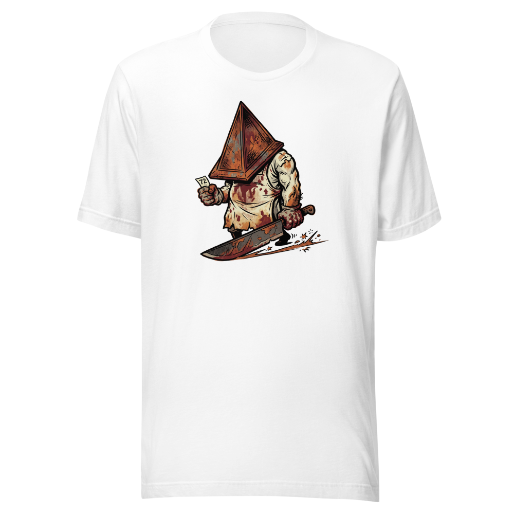 Horror Executioner at the DMV Halftone Parody Tee — white front view