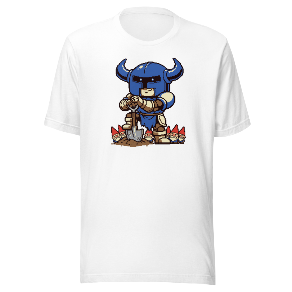Pixel Knight Gnome Gardener Retro 16-Bit Gaming Tee — white front view