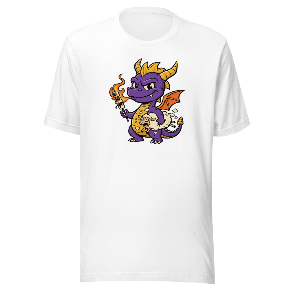 Purple Dragon Marshmallow Roast Retro Gamer Tee — white front view