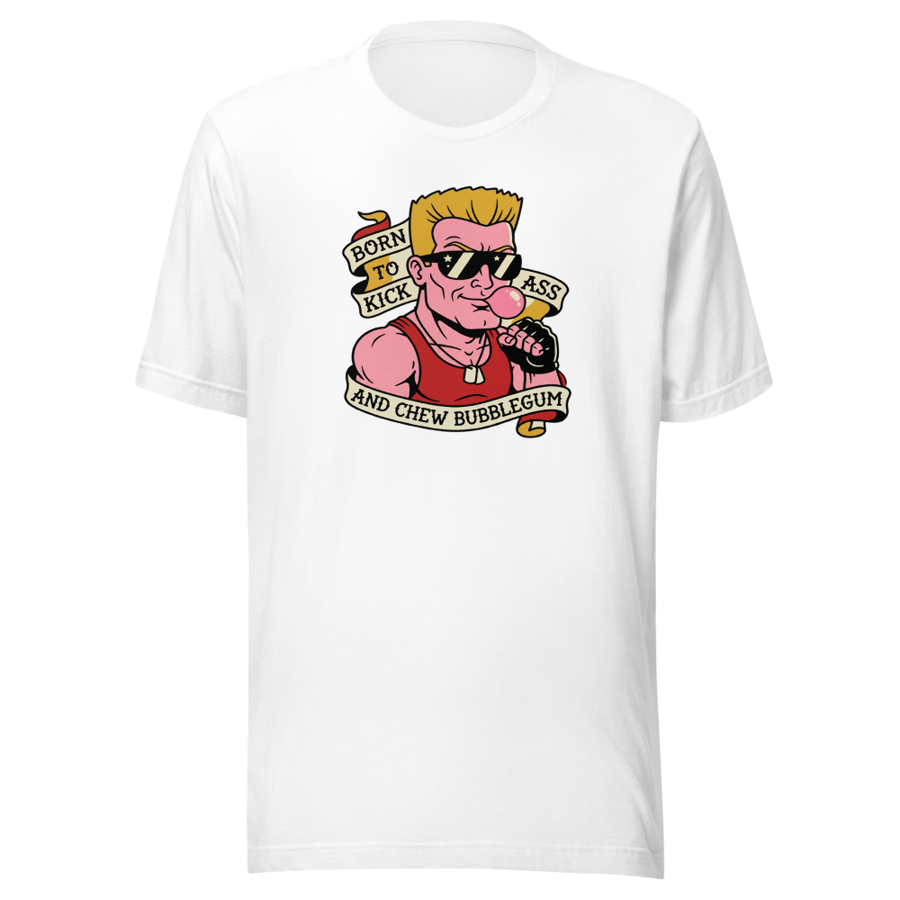 Bubblegum Action Hero Traditional Tattoo Flash Tee — white front view