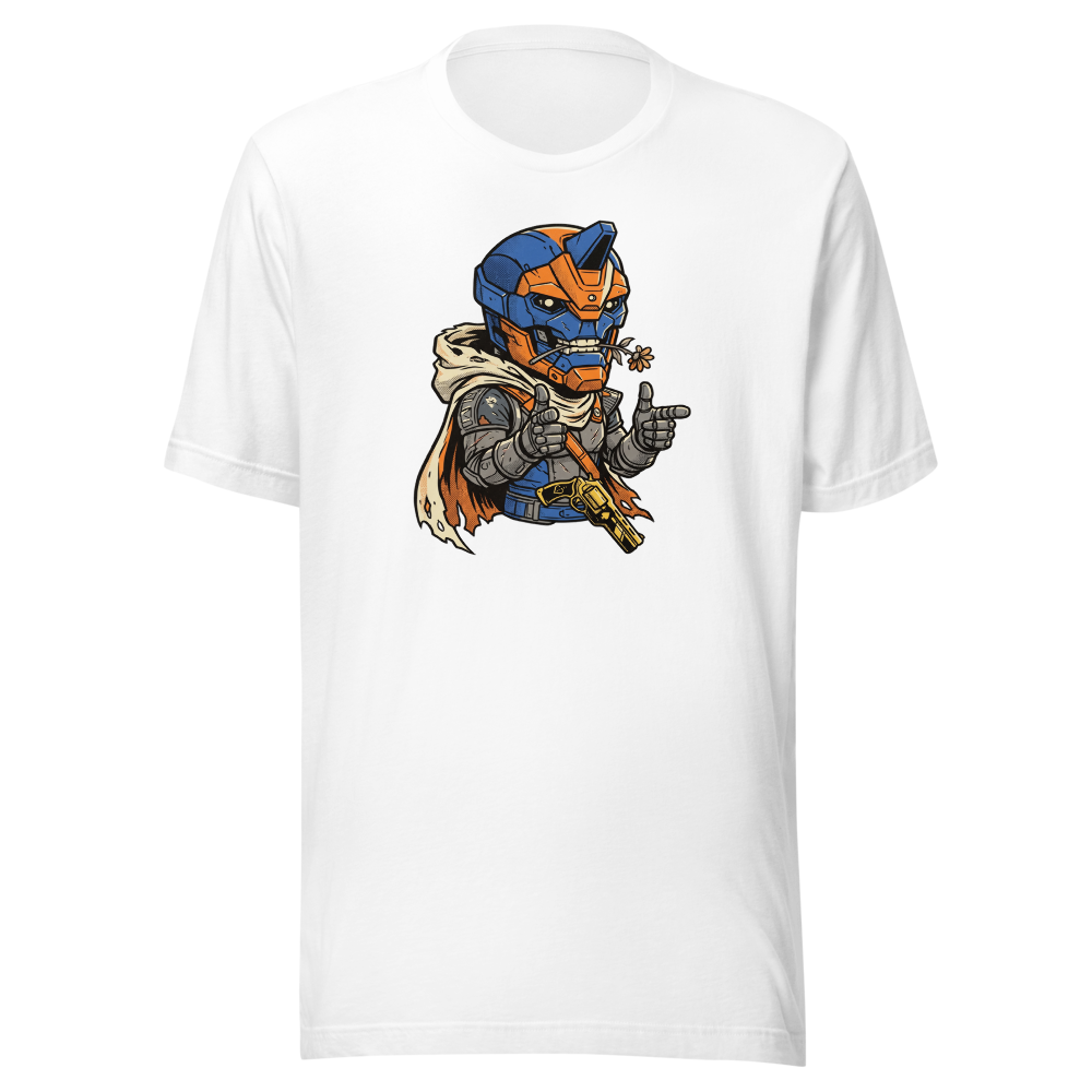 Wisecracking Exo Gunslinger Halftone Pop Art Tee — white front view