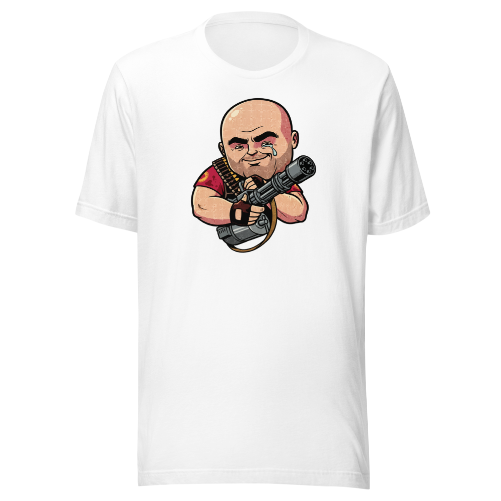 Big Russian Gunner Minigun Hug Pop Art Tee — white front view
