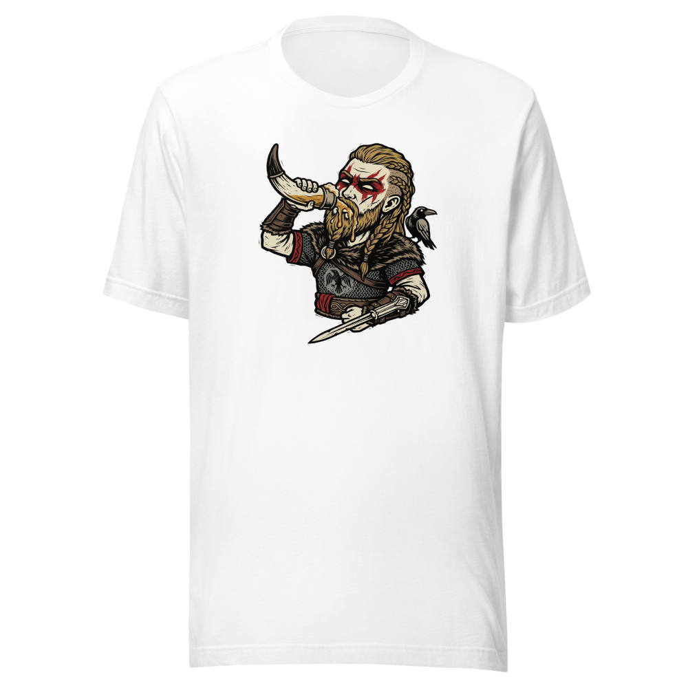 Viking Raider Mead Horn Hidden Blade Woodcut Tee — white front view