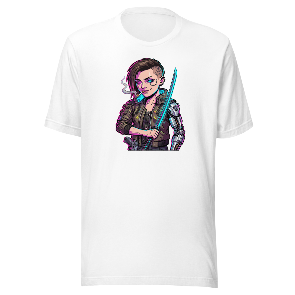 Neon Night City Chrome Merc Katana Tee — white front view