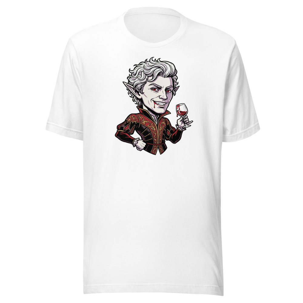 Smug Vampire Elf Rogue Comic Ink Tee — white front view