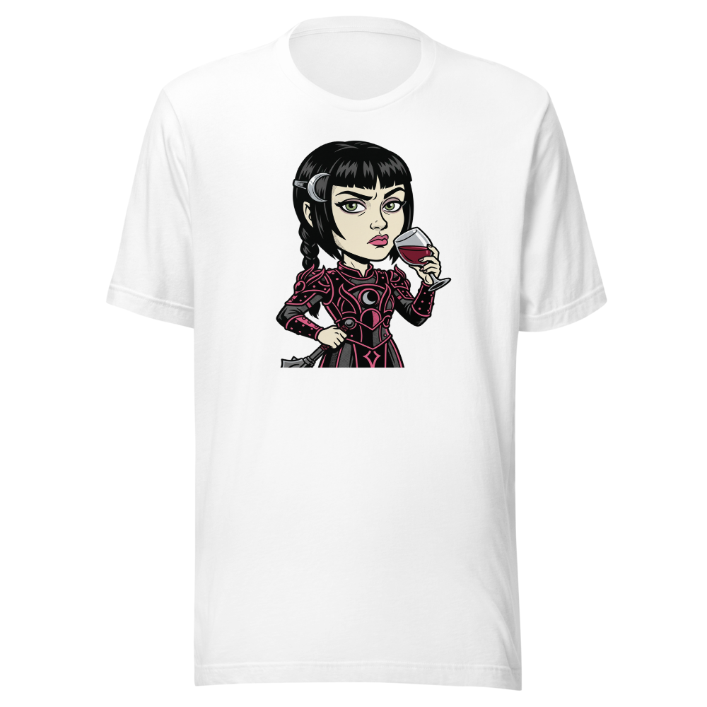 Moody Cleric Wine Judgment Comic Ink RPG Tee — white front view