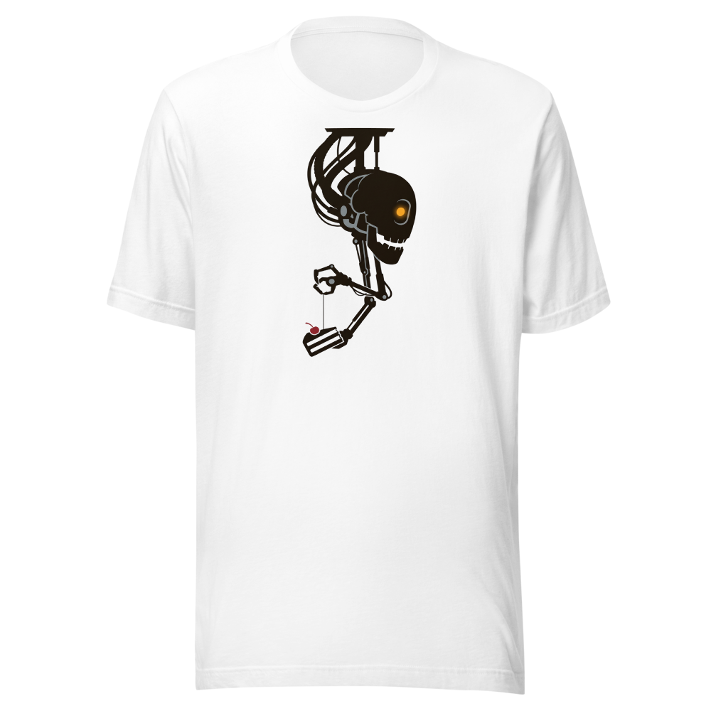 Sarcastic Ceiling AI Dangling Cake Silhouette Tee — white front view