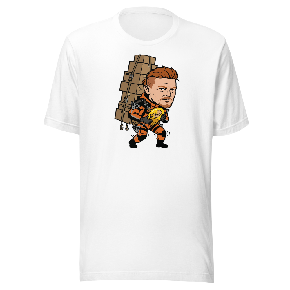 Overworked Courier Parcel Tower Delivery Tee — white front view