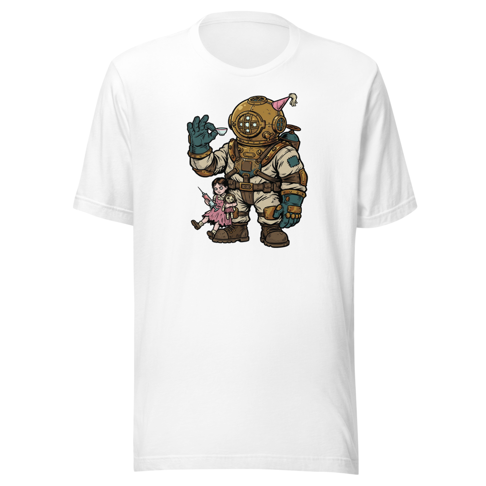 Deep Sea Diver Tea Party Comic Ink Graphic Tee — white front view
