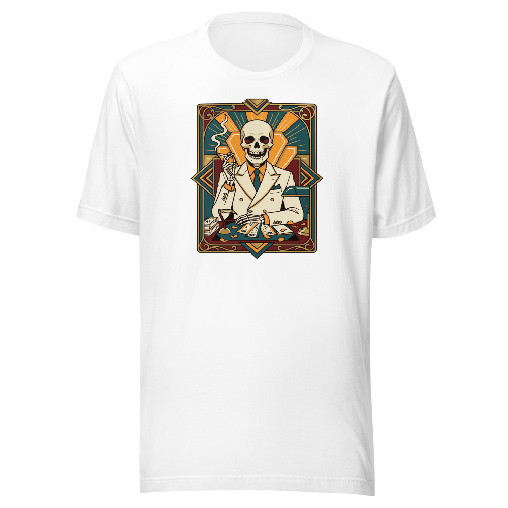 Skeleton Travel Agent Art Deco Noir Tee — white front view