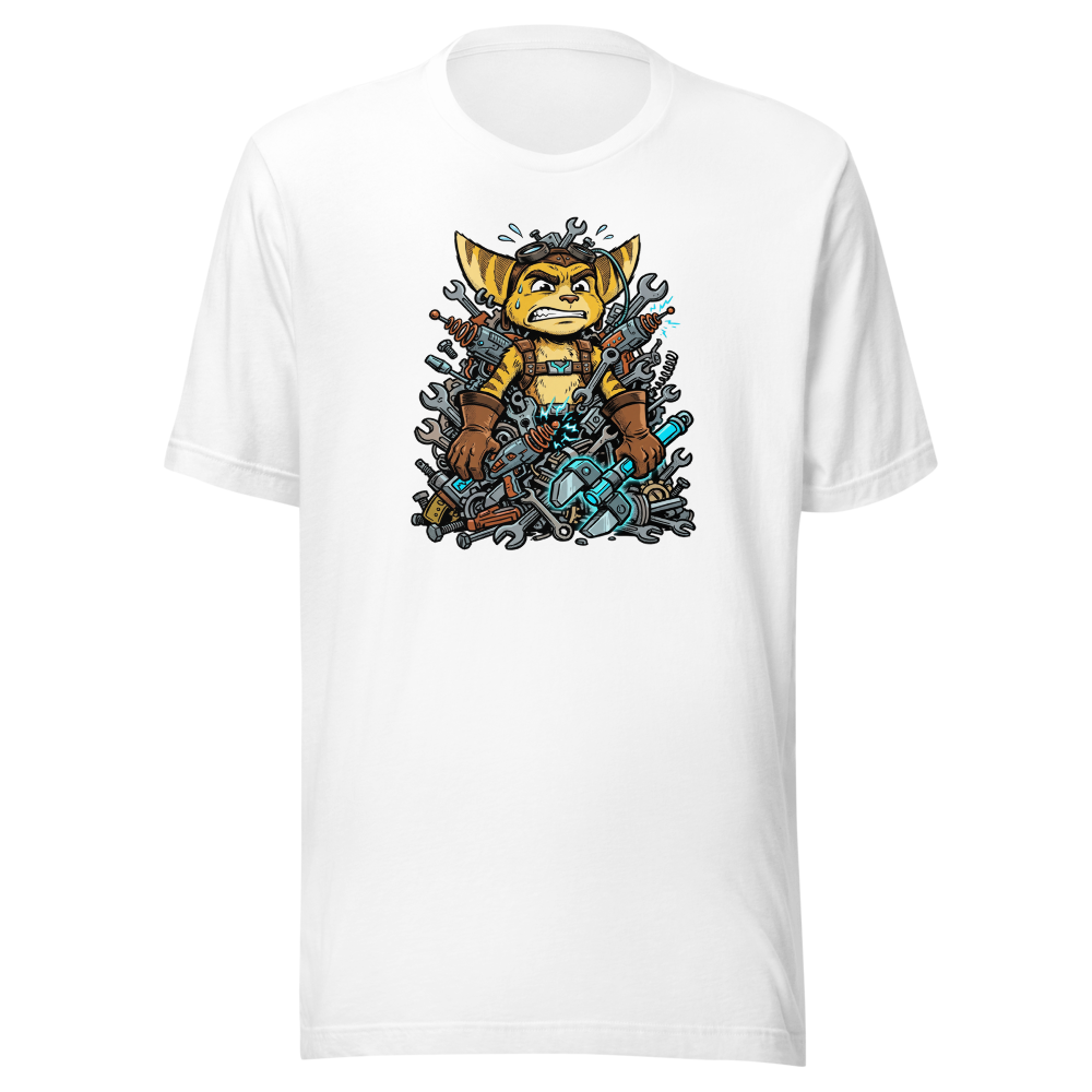 Overwhelmed Space Mechanic Wrench Pile Comic Tee — white front view