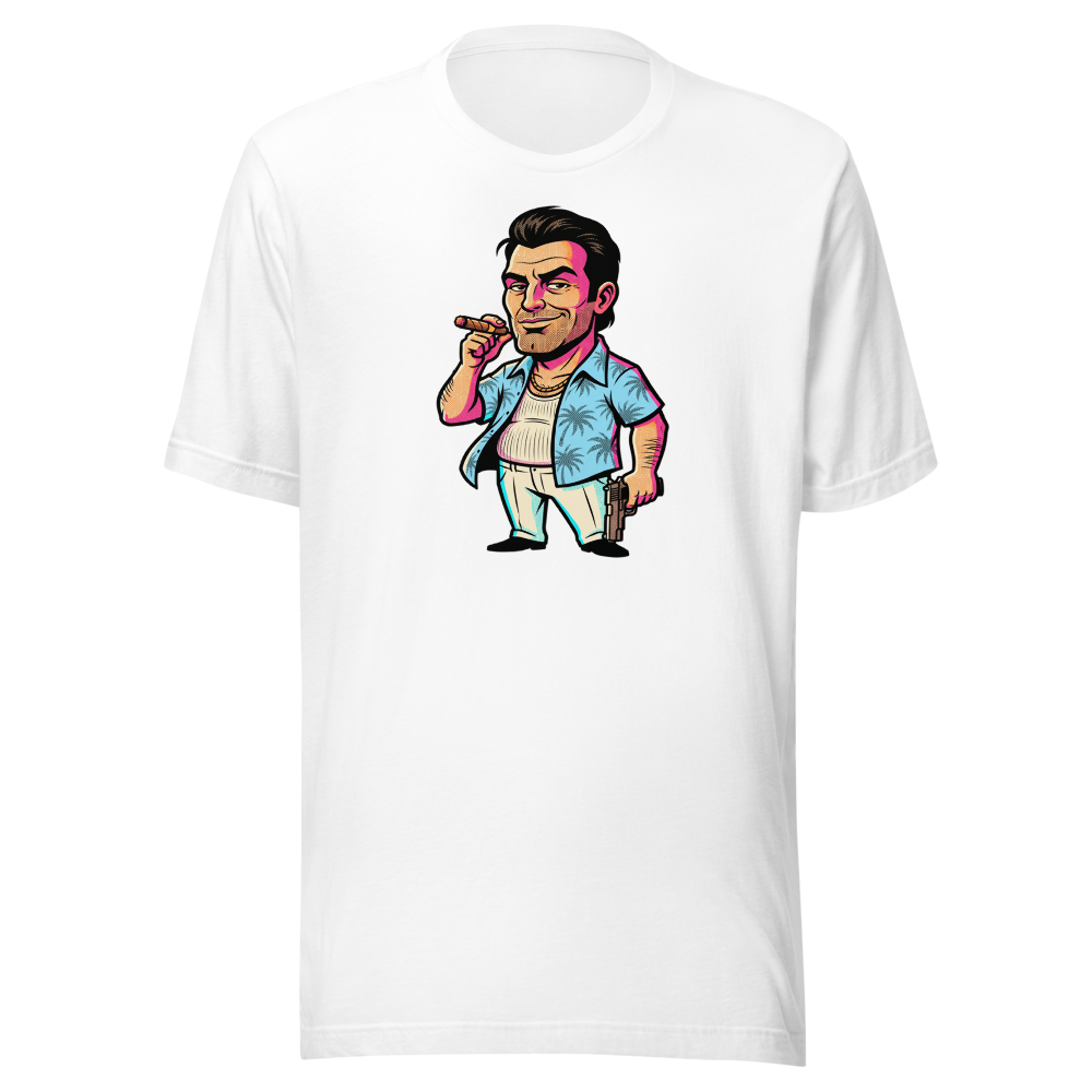 Tropical Mobster Halftone Pop Art Neon Miami Tee — white front view