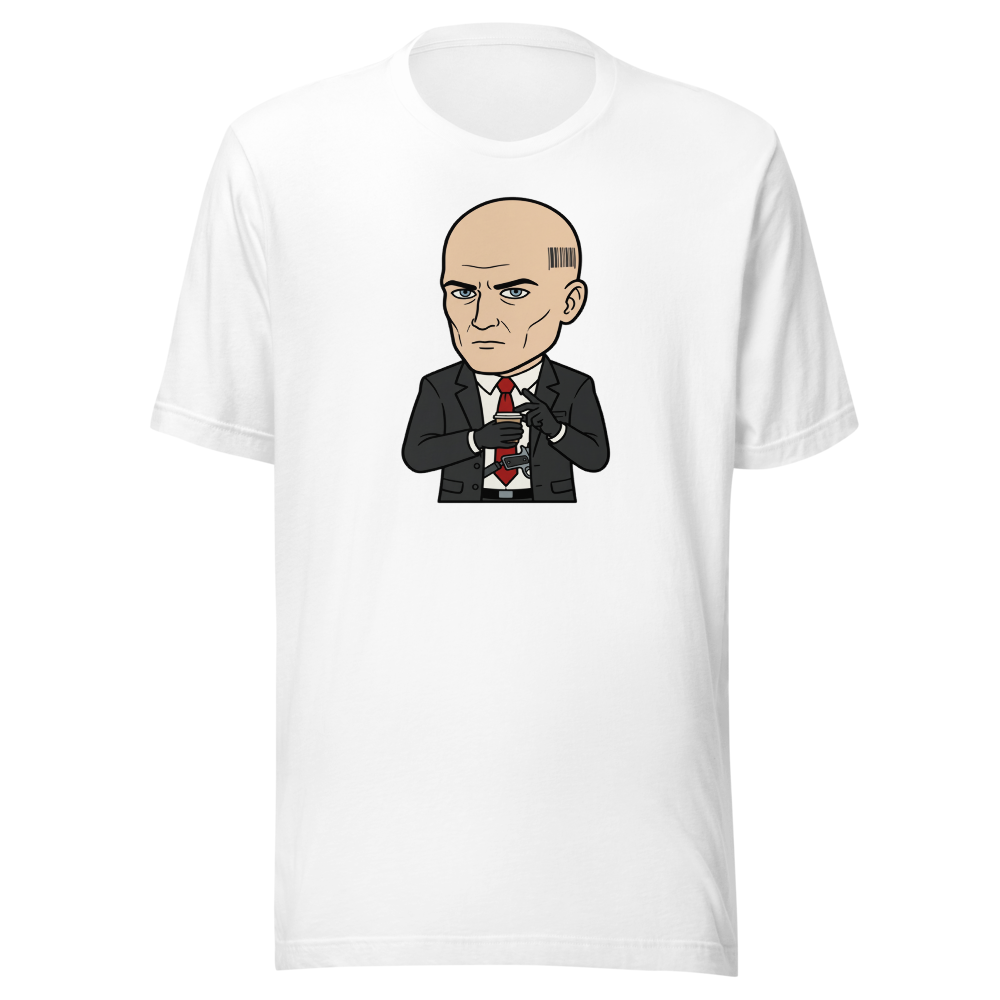 Deadpan Bald Assassin Cappuccino Order Tee — white front view