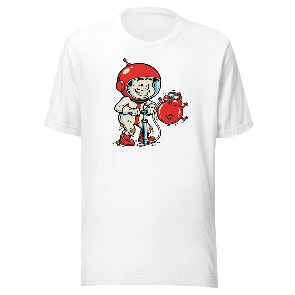 Retro Arcade Pump Clown Comic Ink Graphic Tee — white front view