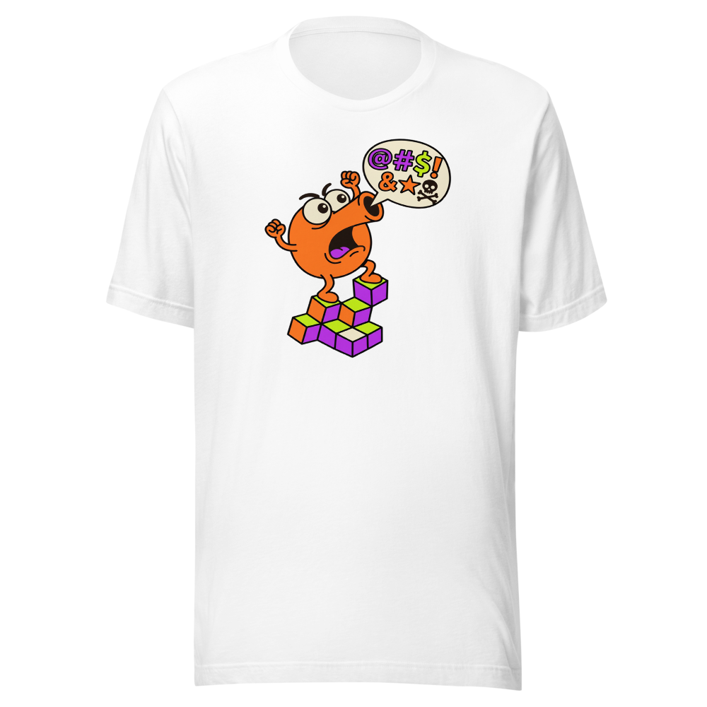 Rage Quit Arcade Gremlin Retro Cube Pyramid Tee — white front view