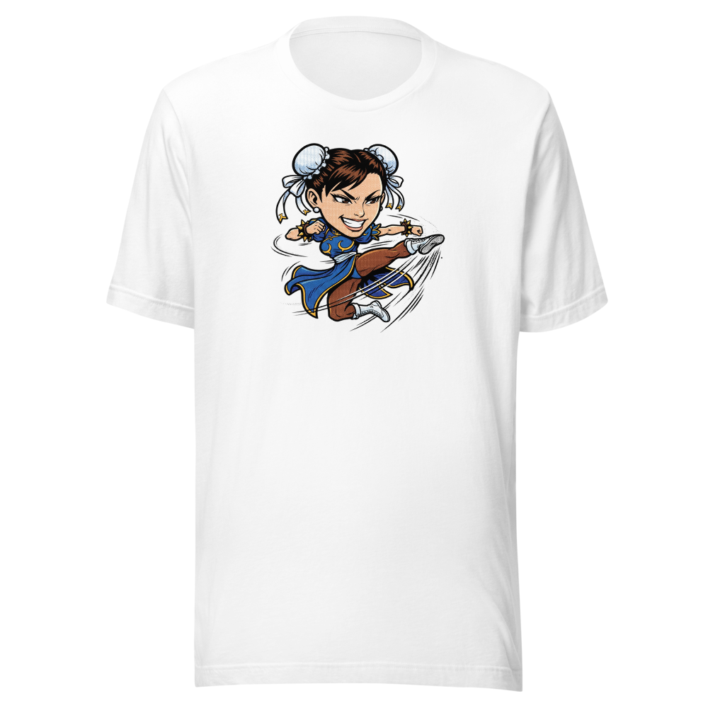 Arcade Fighter Spinning Kick Halftone Pop Art Tee — white front view