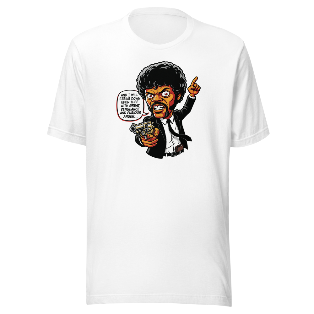 Righteous Hitman Halftone Pop Art Movie Tee — white front view