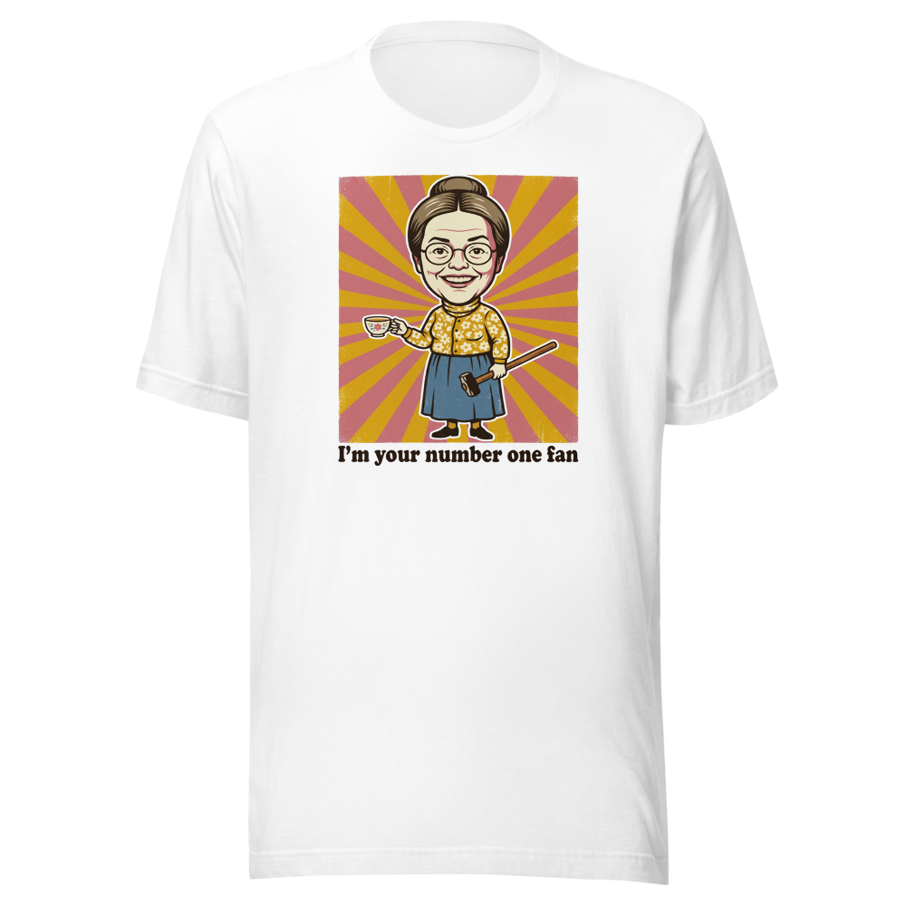 Number One Fan Creepy Housewife Horror Parody Tee — white front view