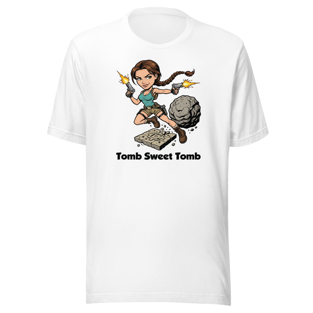 Tomb Sweet Tomb Action Heroine Adventure Tee — white front view
