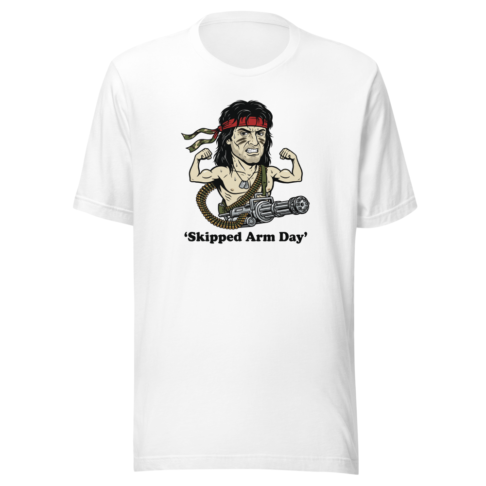 Skipped Arm Day One-Man Army Punk Action Tee — white front view