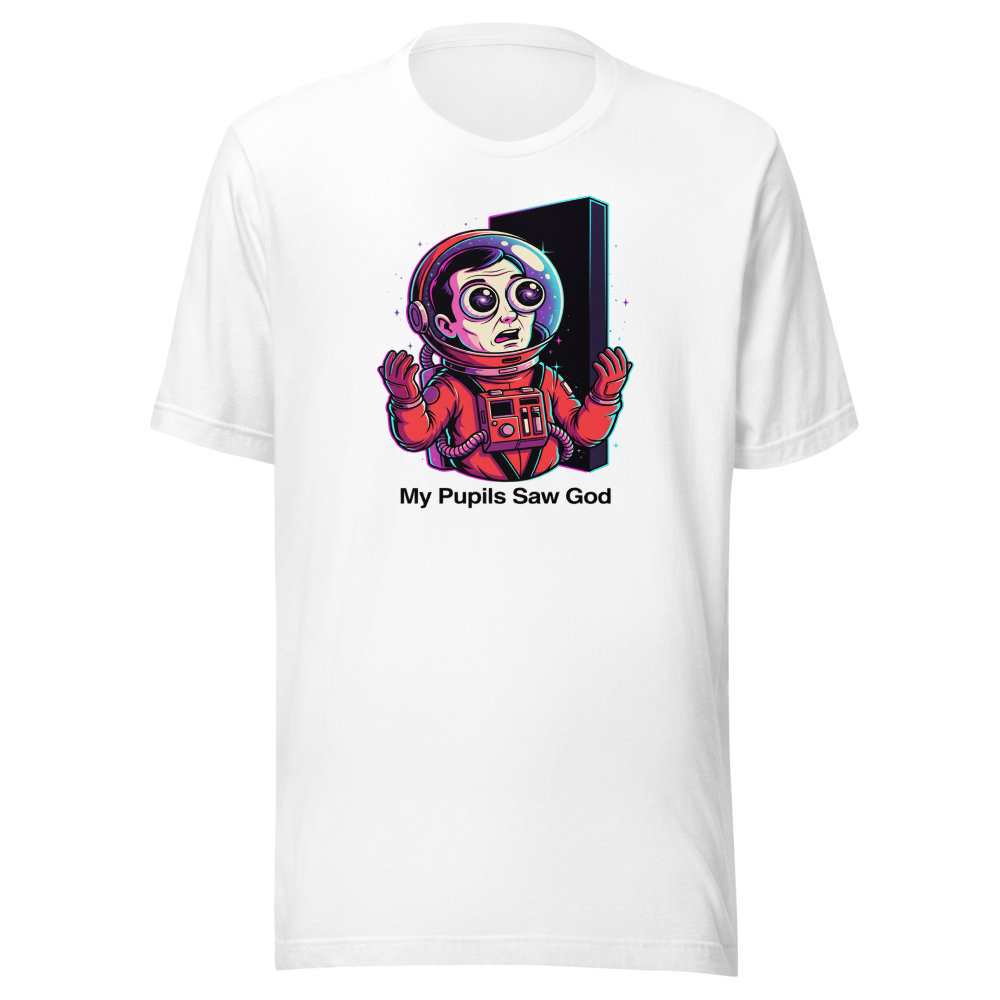 Cosmic Astronaut Monolith Neon Sci-Fi Parody Tee — white front view