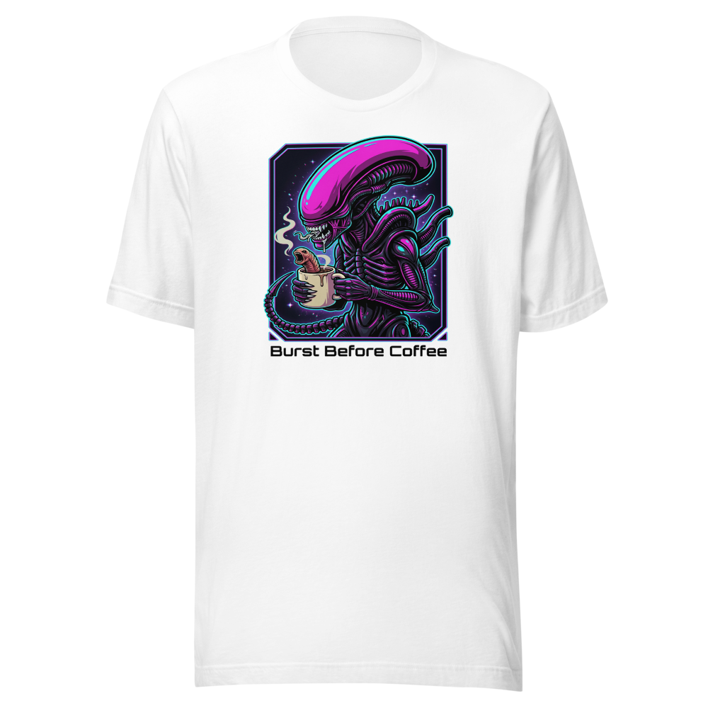 Burst Before Coffee Cyberpunk Alien Horror Tee — white front view