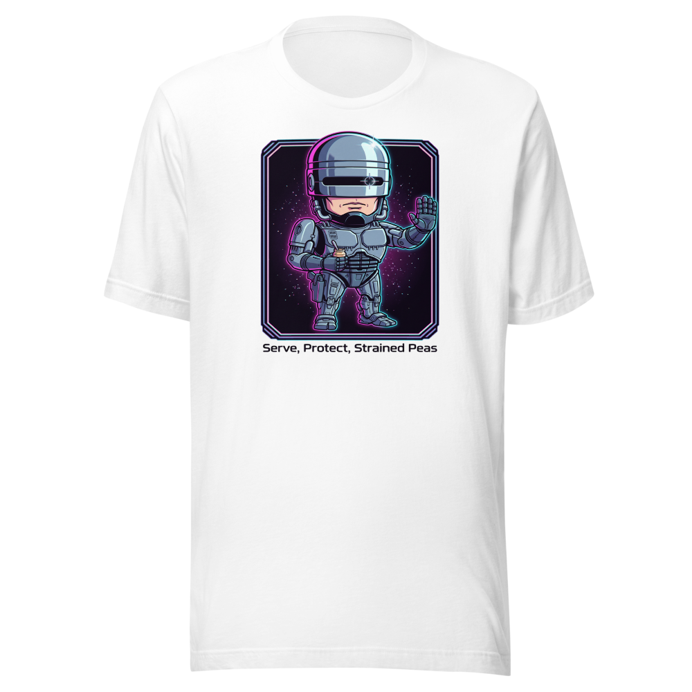 Cyborg Cop Strained Peas Cyberpunk Parody Tee — white front view