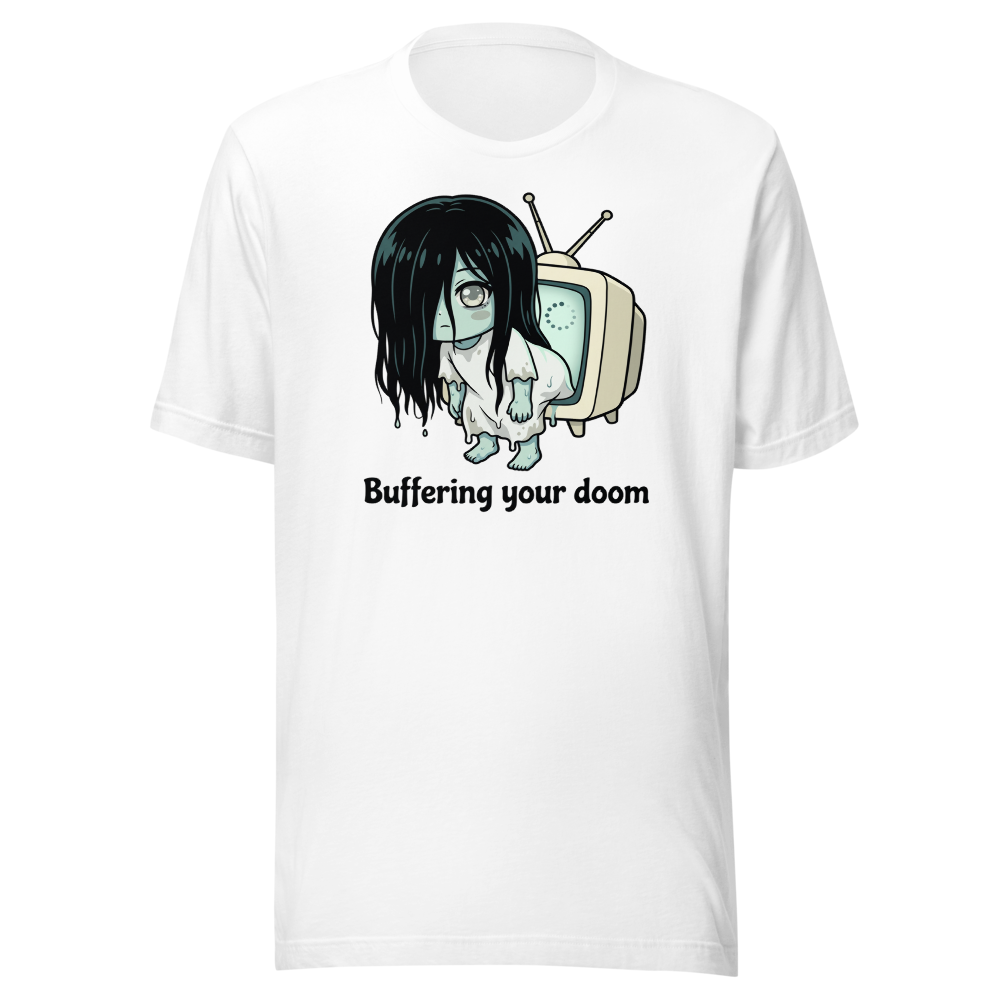 Buffering Your Doom Chibi Kawaii Horror Ghost Tee — white front view