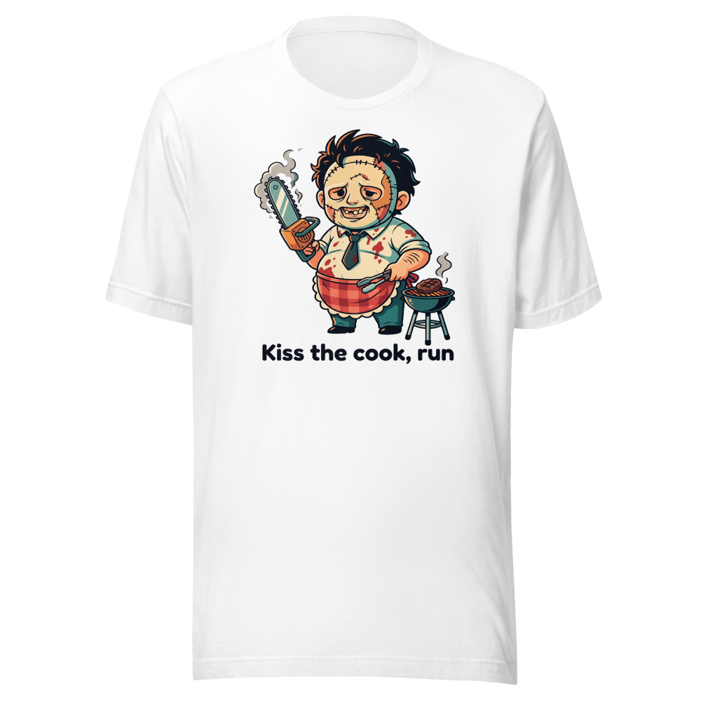 Chibi Slasher Grill Dad Chainsaw BBQ Horror Tee — white front view