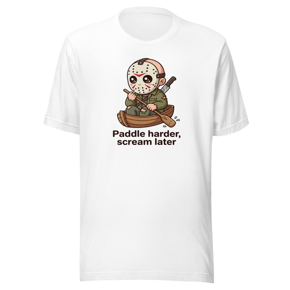 Chibi Slasher Camp Canoe Horror Parody Tee — white front view