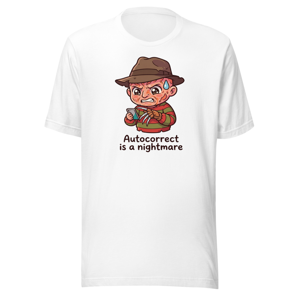 Chibi Slasher Autocorrect Nightmare Horror Parody Tee — white front view