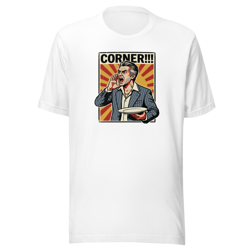 Corner Screaming Waiter Propaganda Fine Dining Tee — white front view