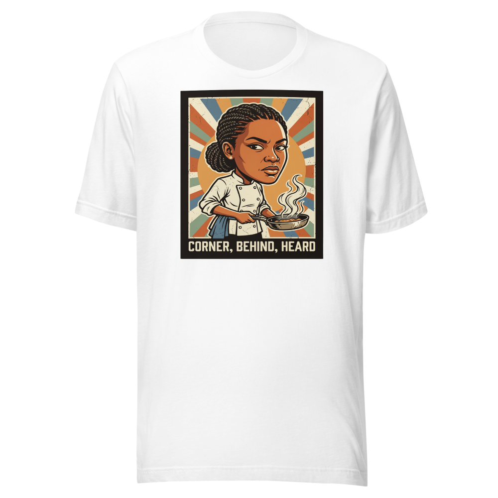 Side-Eye Chef Propaganda Screenprint Kitchen Tee — white front view