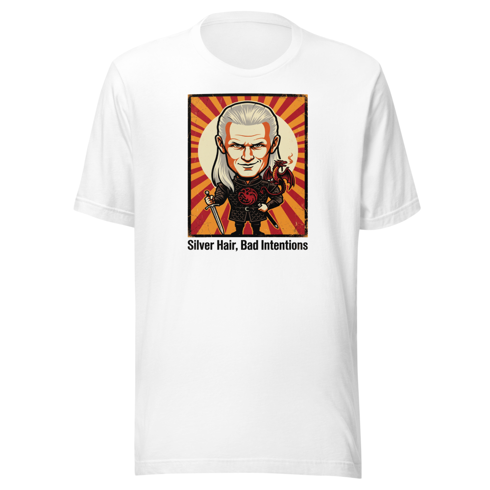 Silver Hair Bad Intentions Rogue Prince Dragon Tee — white front view