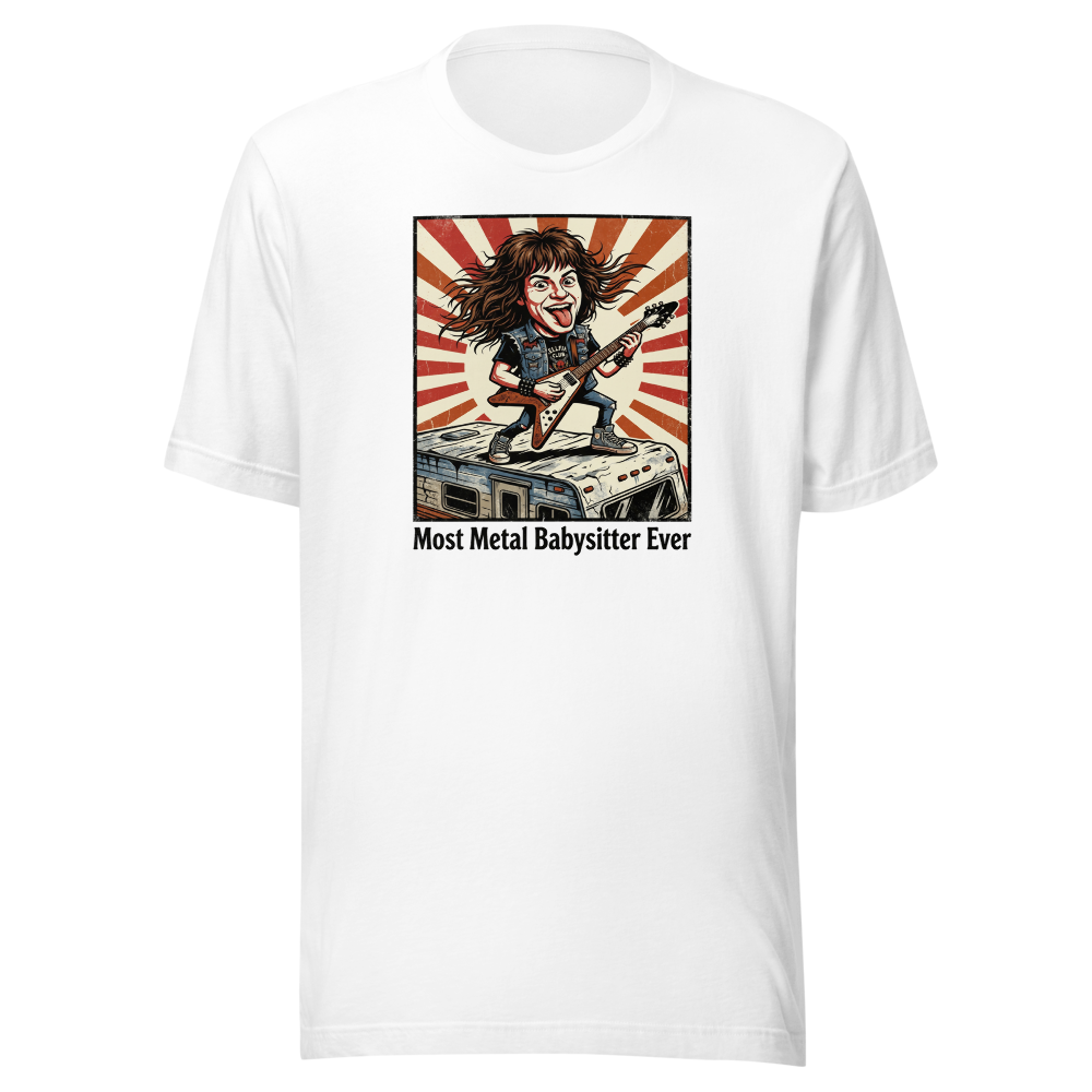 Most Metal Babysitter Ever Flying V Shredder Tee — white front view