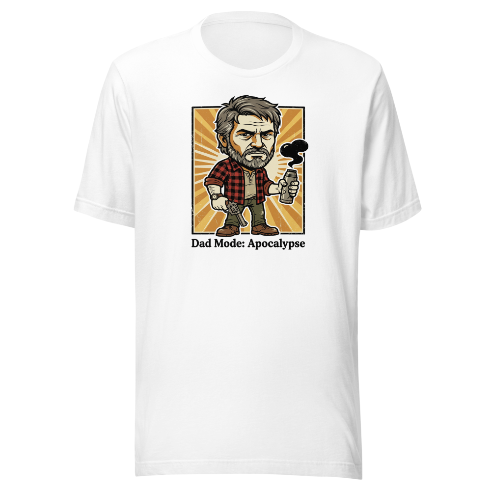 Dad Mode Apocalypse Grumpy Survival Dad Graphic Tee — white front view